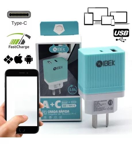 CABEZAL CARGADOR DE PARED IBEK 5V 5.8A 2 PUERTOS [1 USB + 1 TIPO C] [IB-582]