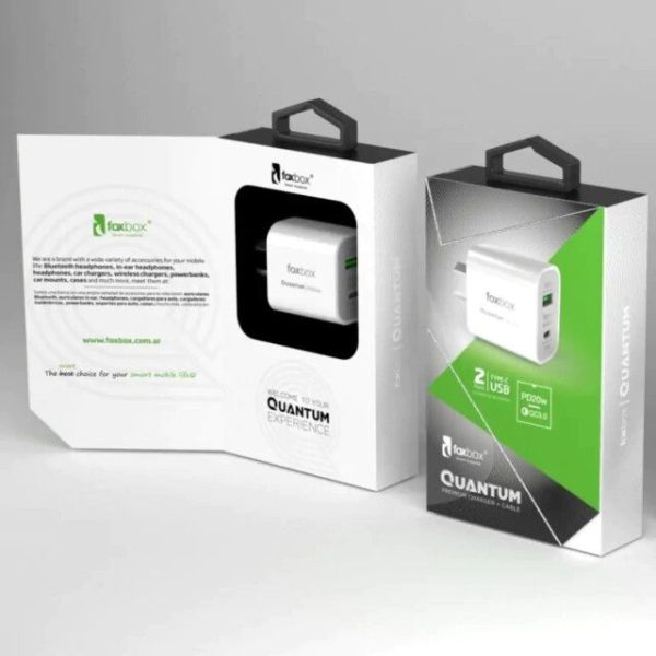 CARGADOR DE PARED QUANTUM 20W QUALCOMM 3.0A  CABLE DE DATOS [TIPO C A TIPO C] 1 USB + 1 USB TIPO C] [FOX BOX]