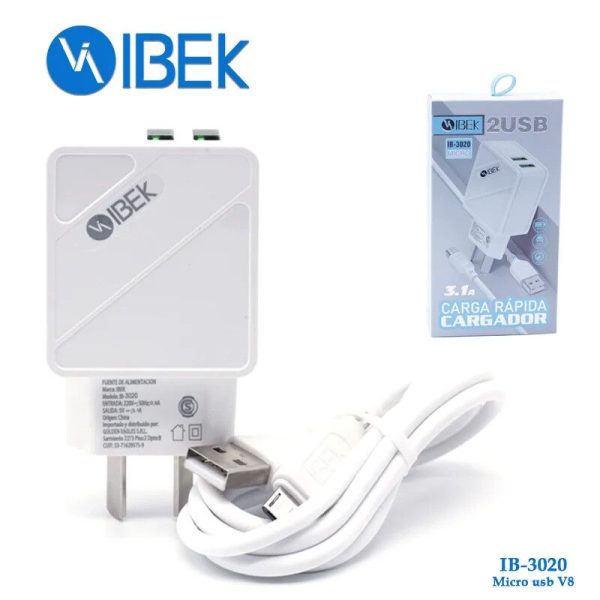 CARGADOR DE PARED IBEK 3.1A CON CABLE [MICRO USB] Y 2 PUERTOS USB [IB-3020]