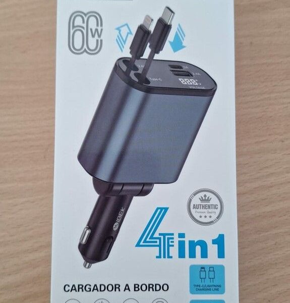 CARGADOR DE AUTO 4 EN 1 CON CABLE RETRACTIL DE 60W TIPO C Y IPHONE [IB A2541] [IBEK]