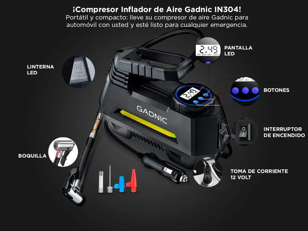 COMPRESOR INFLADOR PARA AUTOS, BICI, PELOTAS 100 PSI 12V [GADNIC